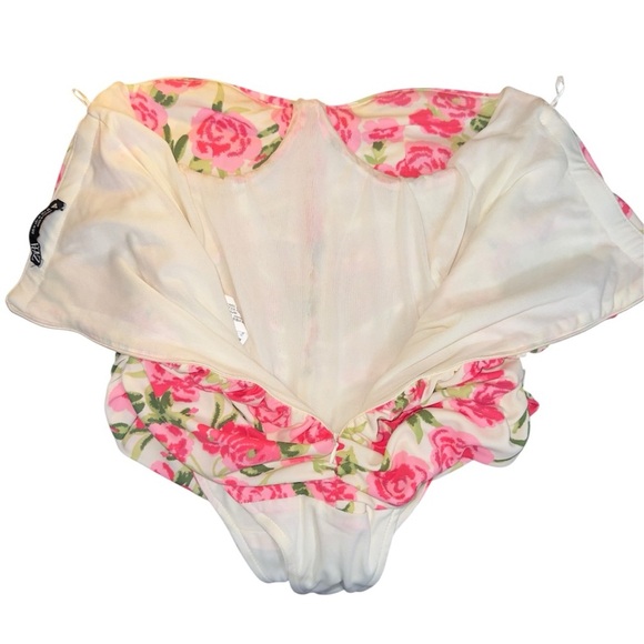 Zara Ruched Floral Strapless Bodysuit Pink Rose Print Cottagecore Y2K Coquette - Picture 7 of 16